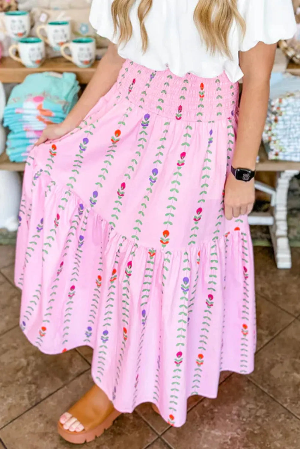 Pink Printed Smocked Tiered Maxi Skirt - Chic Meadow Boutique 