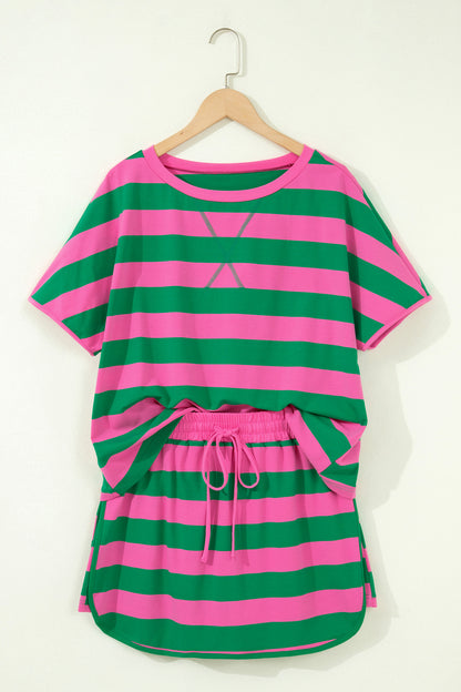 Rose Stripe Dolman Tee Drawstring Skort Athletic 2pcs Set