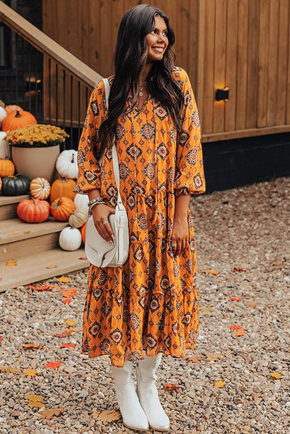 Orange Western Geometric Print Tiered Frilled Loose Fit Midi Dress - Chic Meadow Boutique 