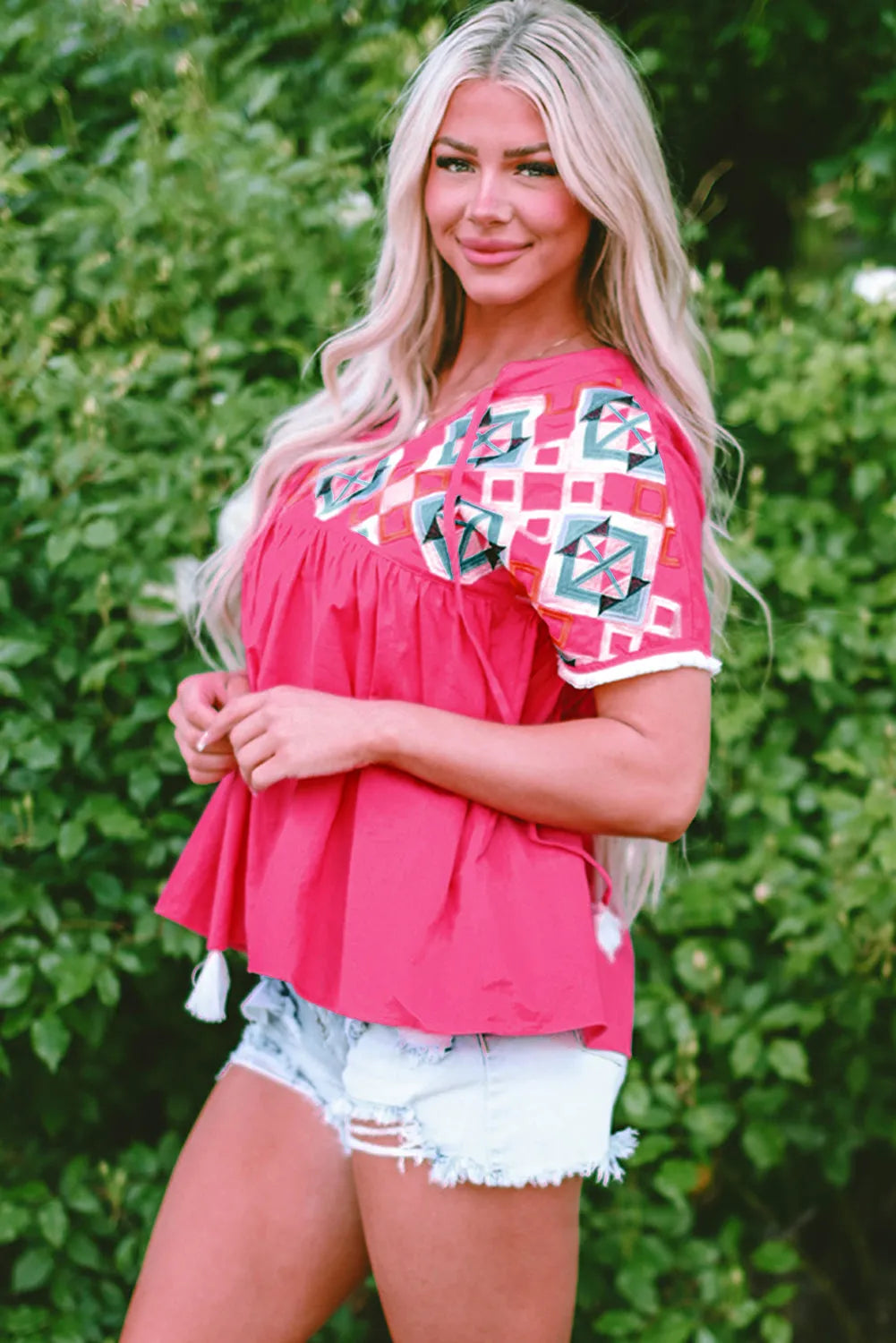 Strawberry Pink Geometric Embroidered Tassel Tie V Neck Blouse - Chic Meadow Boutique 