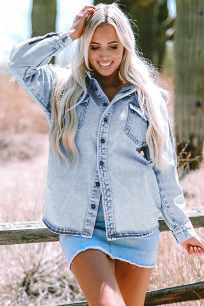 Mist Blue Oversized Contrast Hooded Denim Jacket - Chic Meadow Boutique 