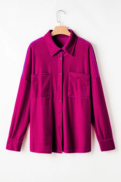 Bright Pink Plus Size Velvet Chest Pocket Drop Shoulder Shirt - Chic Meadow Boutique 