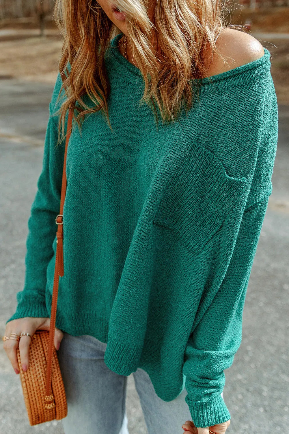 Green Solid Color Off Shoulder Rib Knit Sweater with Pocket - Chic Meadow Boutique 