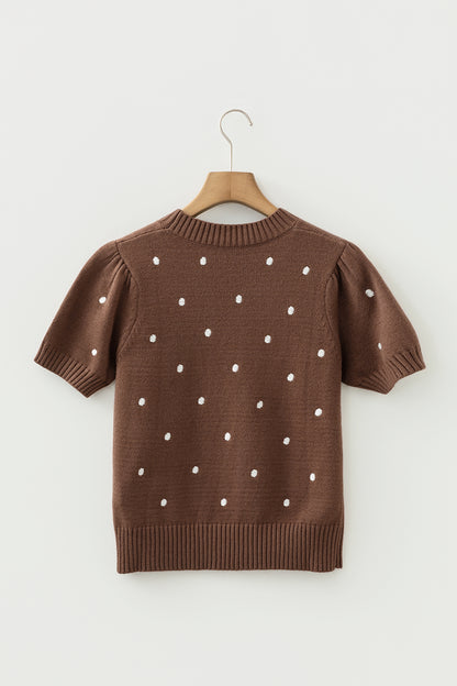Chestnut Elegant Polka Dot Bubble Short Sleeve Sweater