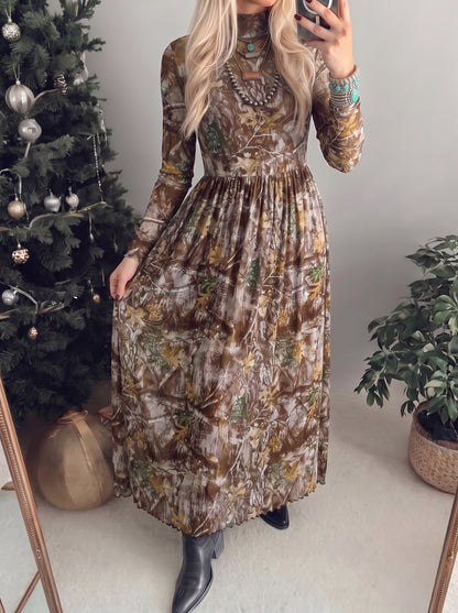 Brown Western Print Mesh Long Sleeve Maxi Dress