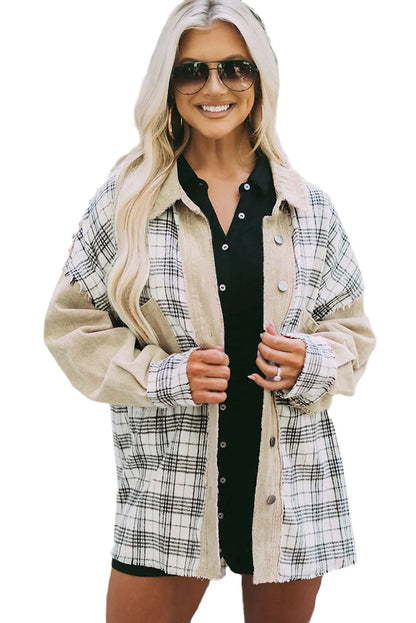 Khaki Distressed Raw Edge Plaid Patchwork Denim Jacket - Chic Meadow Boutique 