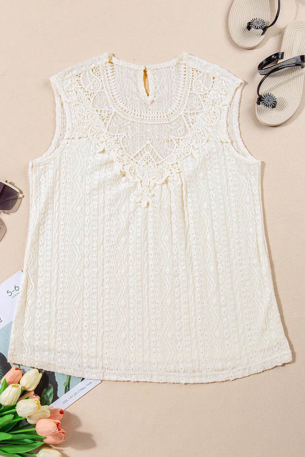 Apricot Guipure Lace Crochet Keyhole Back Tank Top - Chic Meadow Boutique 