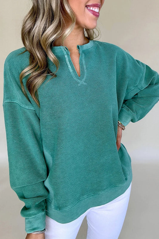 Skobeloff Solid Color Notched Neck Drop Shoulder Sweatshirt - Chic Meadow Boutique 