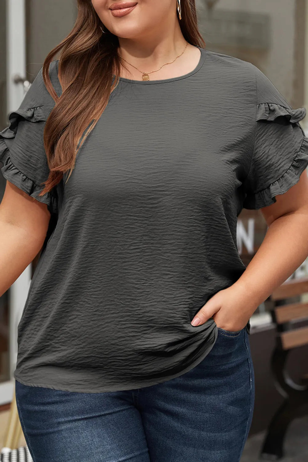 Dark Grey Ruffled Short Sleeve Plus Size Top - Chic Meadow Boutique 