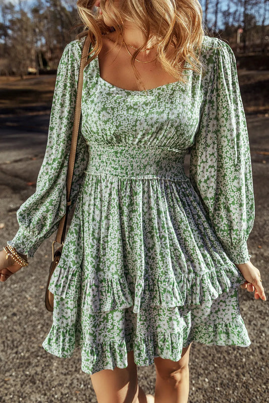 Green Floral Print Square Neck Shirred Waist Tiered Ruffled Mini Dress - Chic Meadow Boutique 