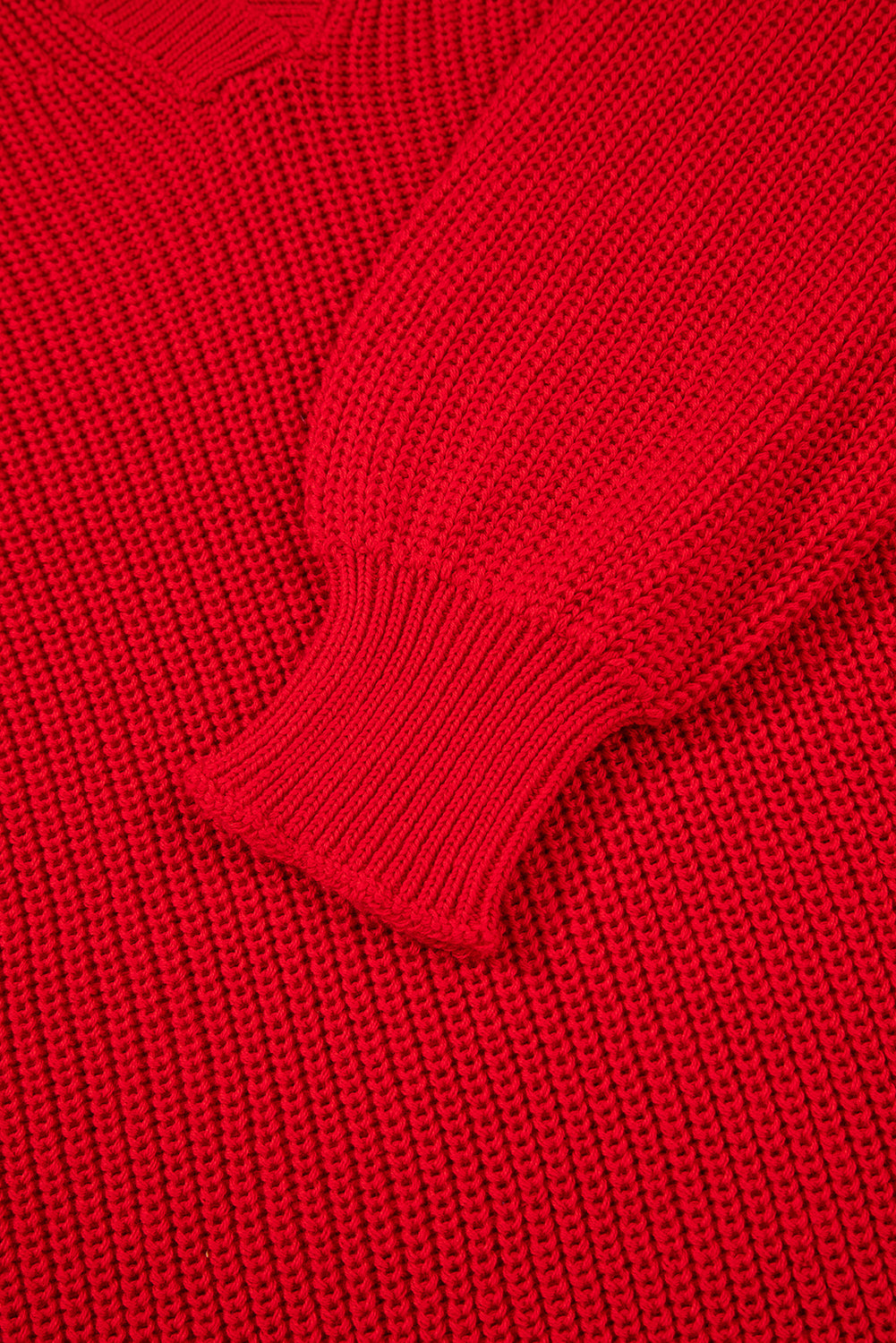 Racing Red Solid Textured Knit V Neck Drop Shoulder Sweater