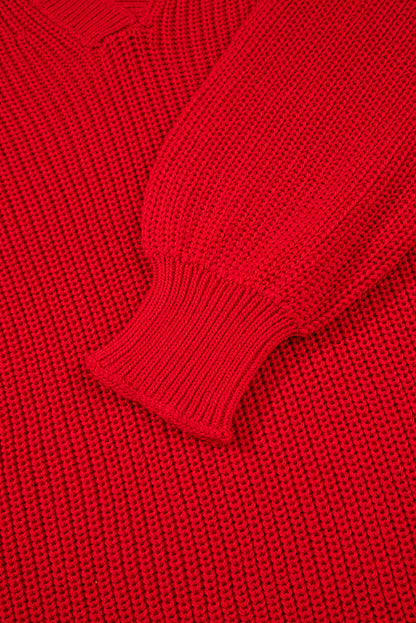 Racing Red Solid Textured Knit V Neck Drop Shoulder Sweater
