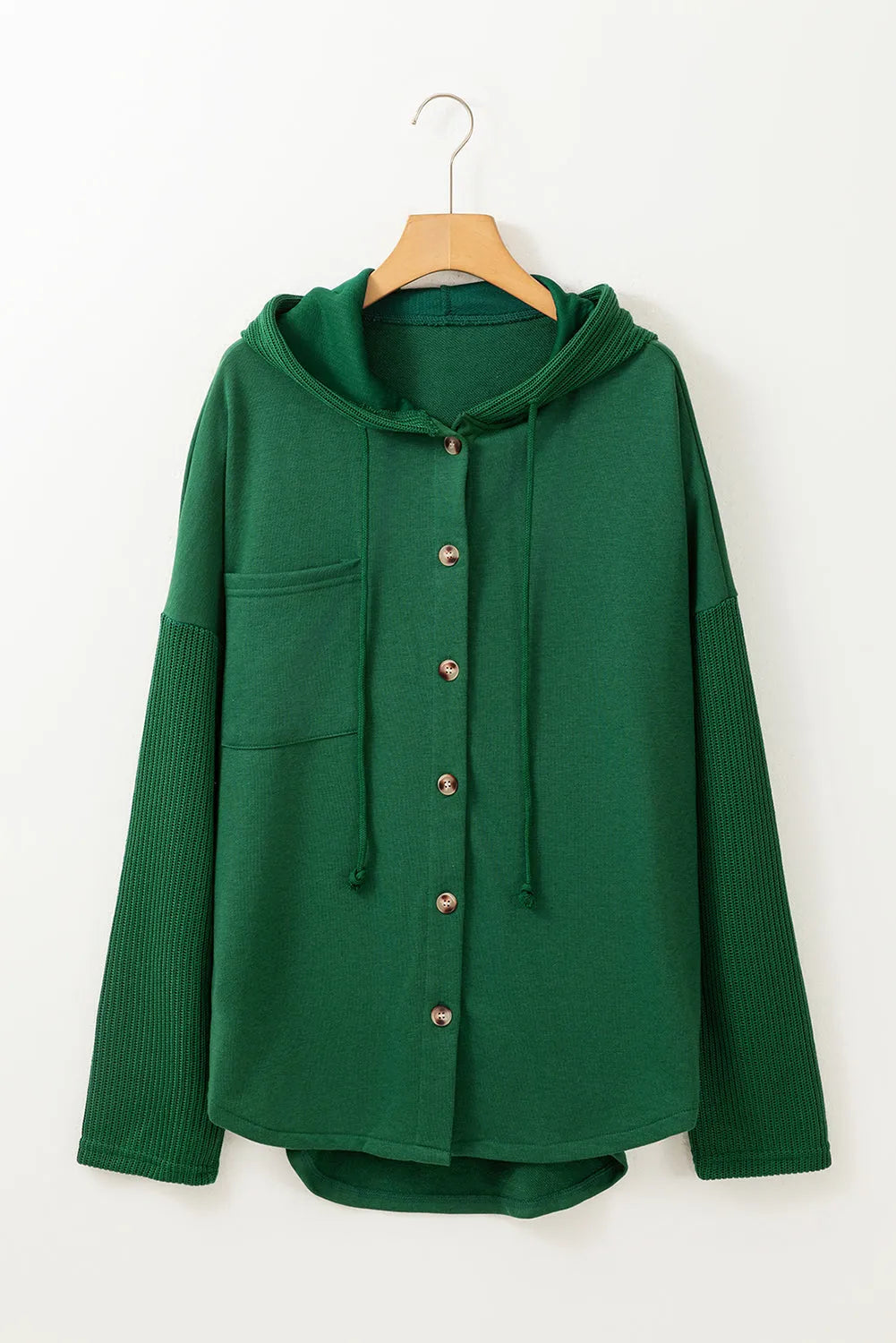 Blackish Green Button Up Contrast Knitted Sleeves Hooded Jacket - Chic Meadow Boutique 