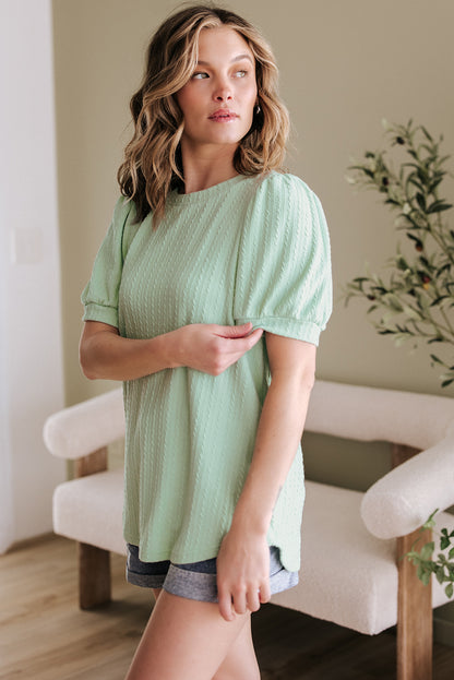 Mist Green Textured Round Neck Short Puff Sleeve Top