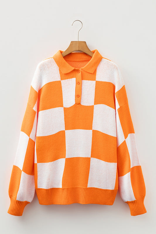 Grapefruit Orange Checkered Pattern Polo Collar Loose Sweater