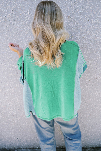 Green Colorblock Stitching Patchwork Buttoned Long Sleeve Top - Chic Meadow Boutique 