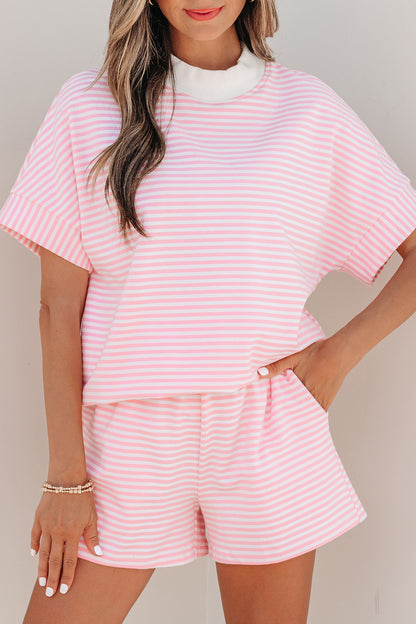 Pink Stripe Cuffed Sleeve Contrast Mock Neck Tee Casual 2pcs Short Set