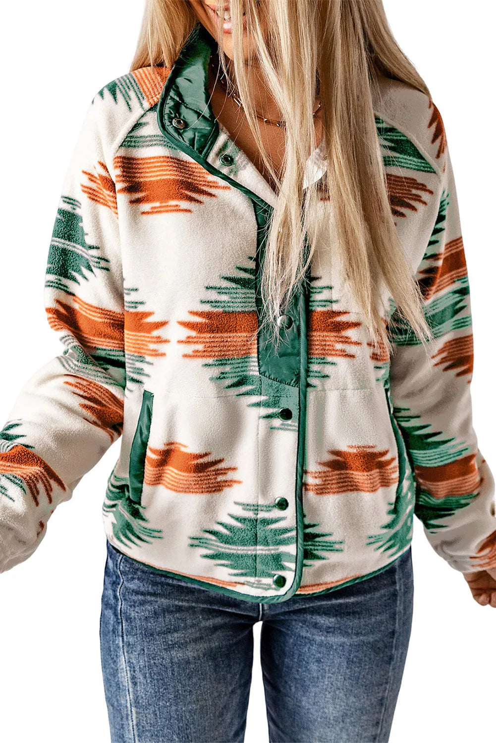 Multicolour Western Aztec Snap Buttoned Fleece Jacket - Chic Meadow Boutique 