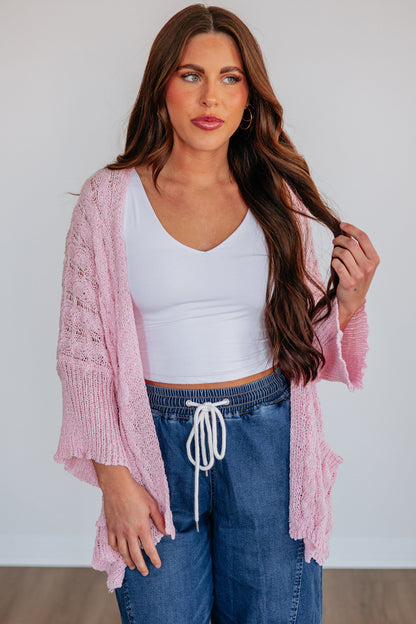 Pink Drop Shoulder Crochet Knit Open Front Sweater Cardigan