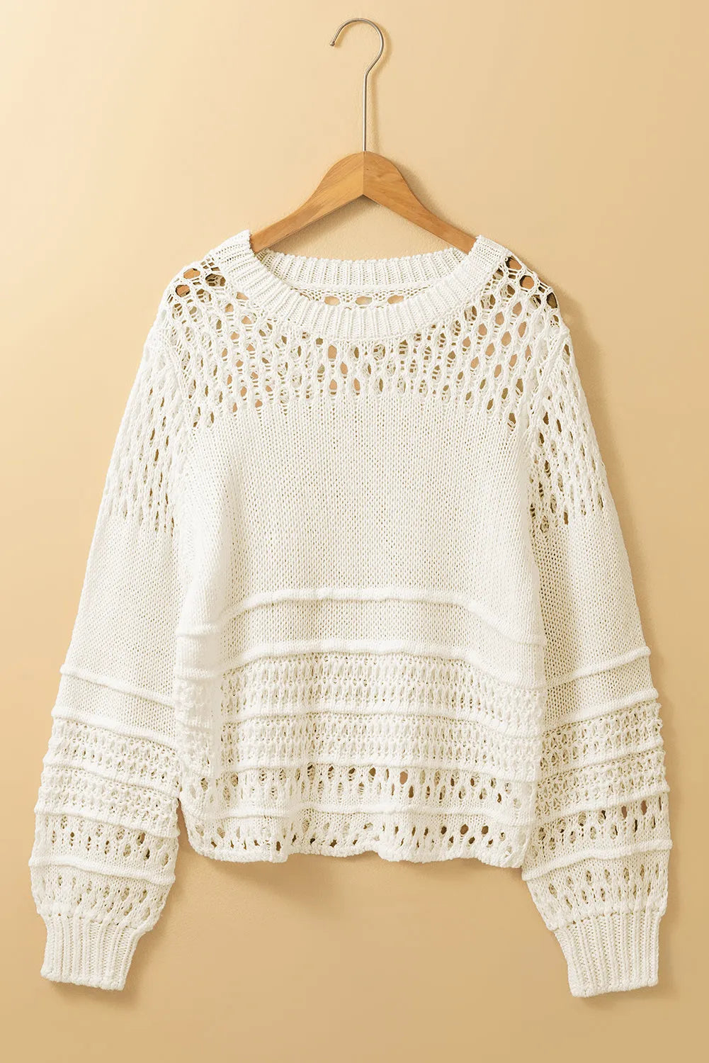 White Solid Color Pointelle Knit Puff Sleeve Sweater - Chic Meadow Boutique 