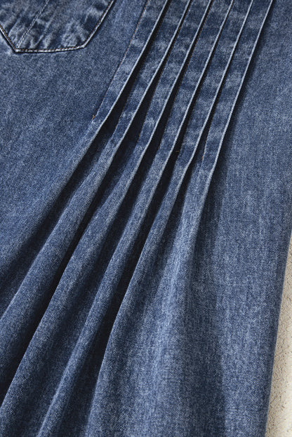 Sail Blue 3/4 Sleeve Tied V Neck Pleated Denim Mini Dress