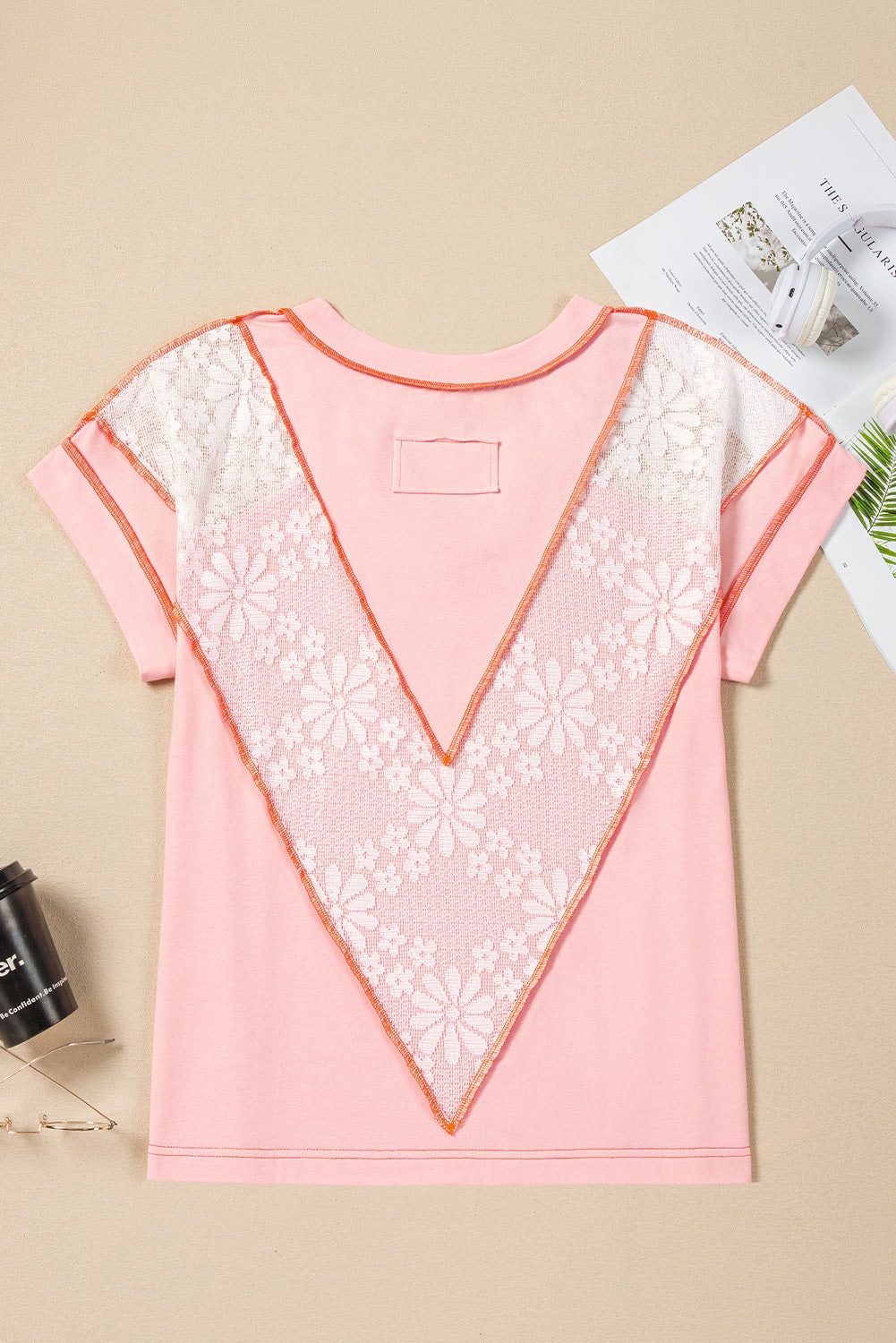 Light Pink Lace Patchwork Exposed Seam V Neck T Shirt