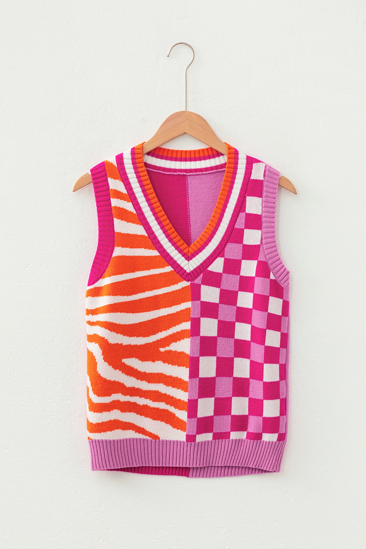Yellow Striped Checkered Contrast Patchwork V Neck Sweater Vest
