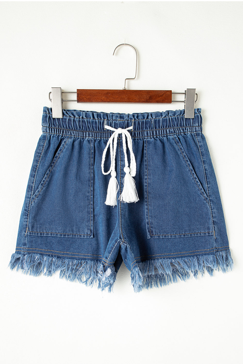 Ashleigh Blue Raw Hem Drawstring High Waist Denim Shorts with Pockets