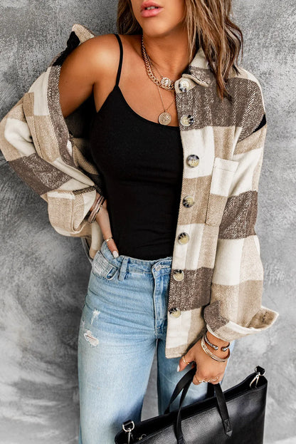 Khaki Plaid Color Block Buttoned Long Sleeve Jacket with Pocket - Chic Meadow Boutique 