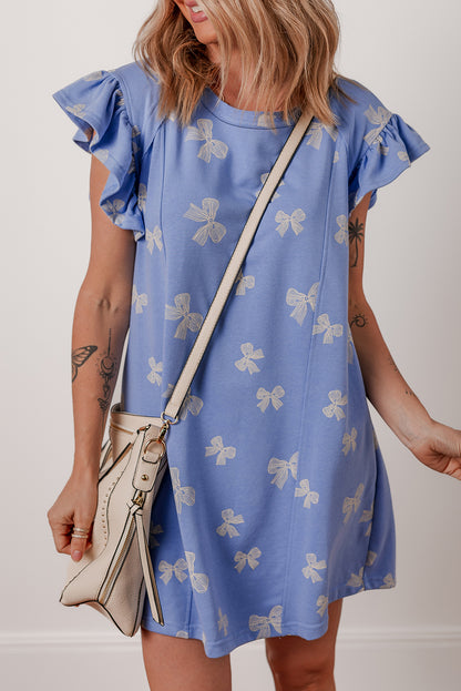 Sky Blue Bow Knot Print Crewneck Ruffled Sleeve Shift Mini Dress