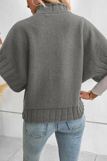 Medium Grey Mock Neck Batwing Short Sleeve Knit Sweater - Chic Meadow Boutique 