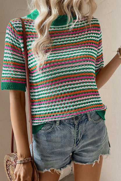 Dark Green Striped Pattern Contrast Trim Pointelle Knit T Shirt - Chic Meadow Boutique 