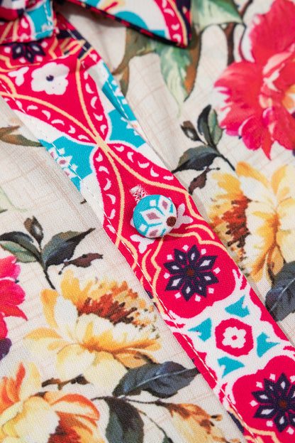 Rose Floral Mixed Pattern Ruffle Flutter Sleeve Buttoned Dress