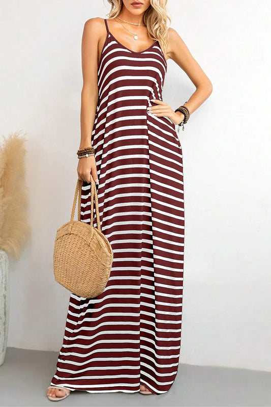 Red Stripe Side Pockets Spaghetti Straps Maxi Dress - Chic Meadow Boutique 