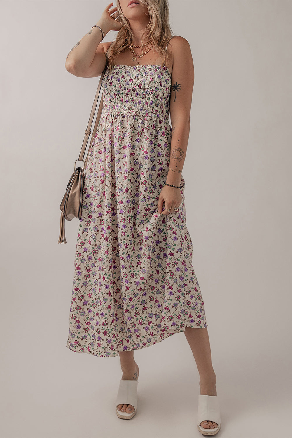 Multicolour Bohemian Ditsy Floral Smocked Fit Flare Sundress