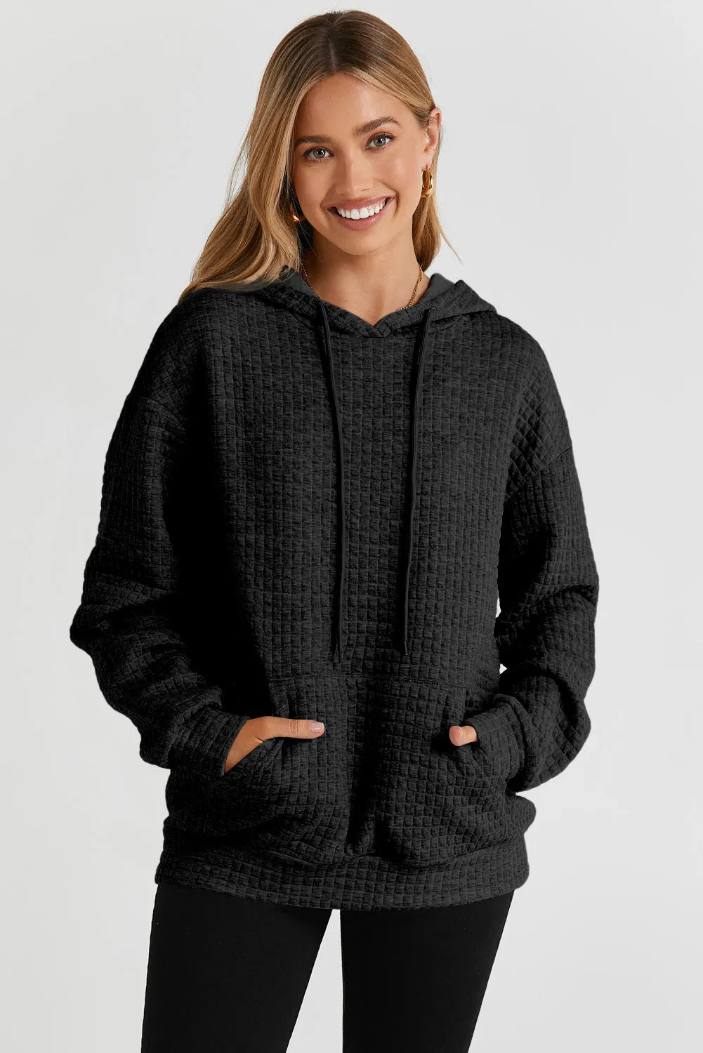 Black Quilted Kangaroo Pocket Drawstring Hoodie - Chic Meadow Boutique 