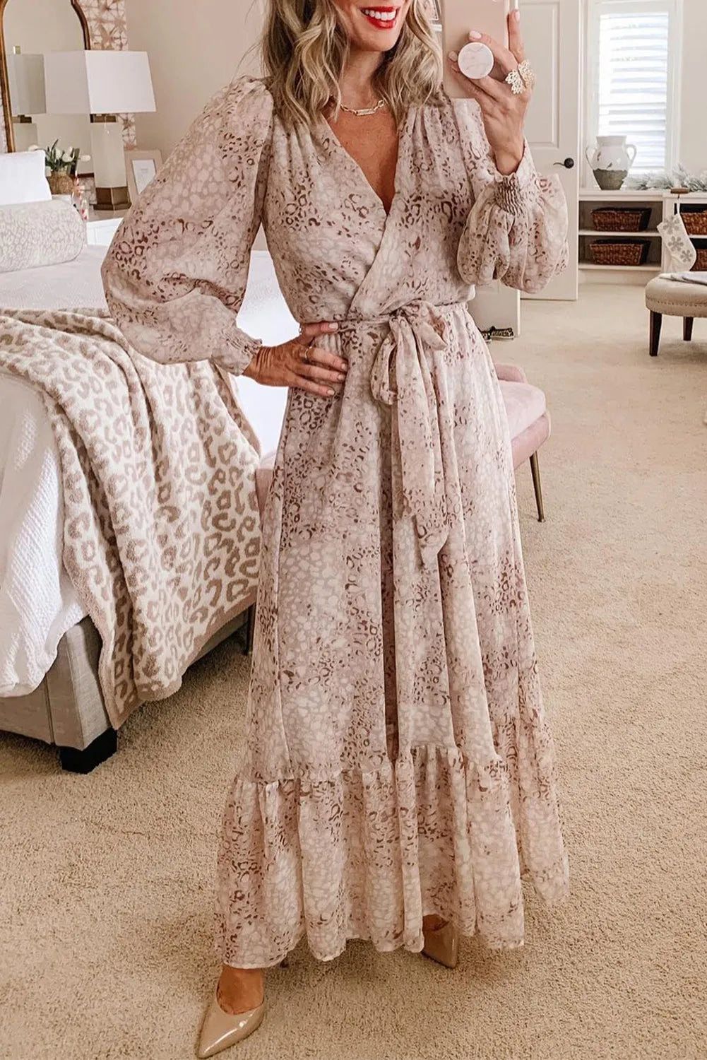 Dresses/Maxi Dresses Leopard Surplice Neck Bubble Sleeve Maxi Dress with Sash