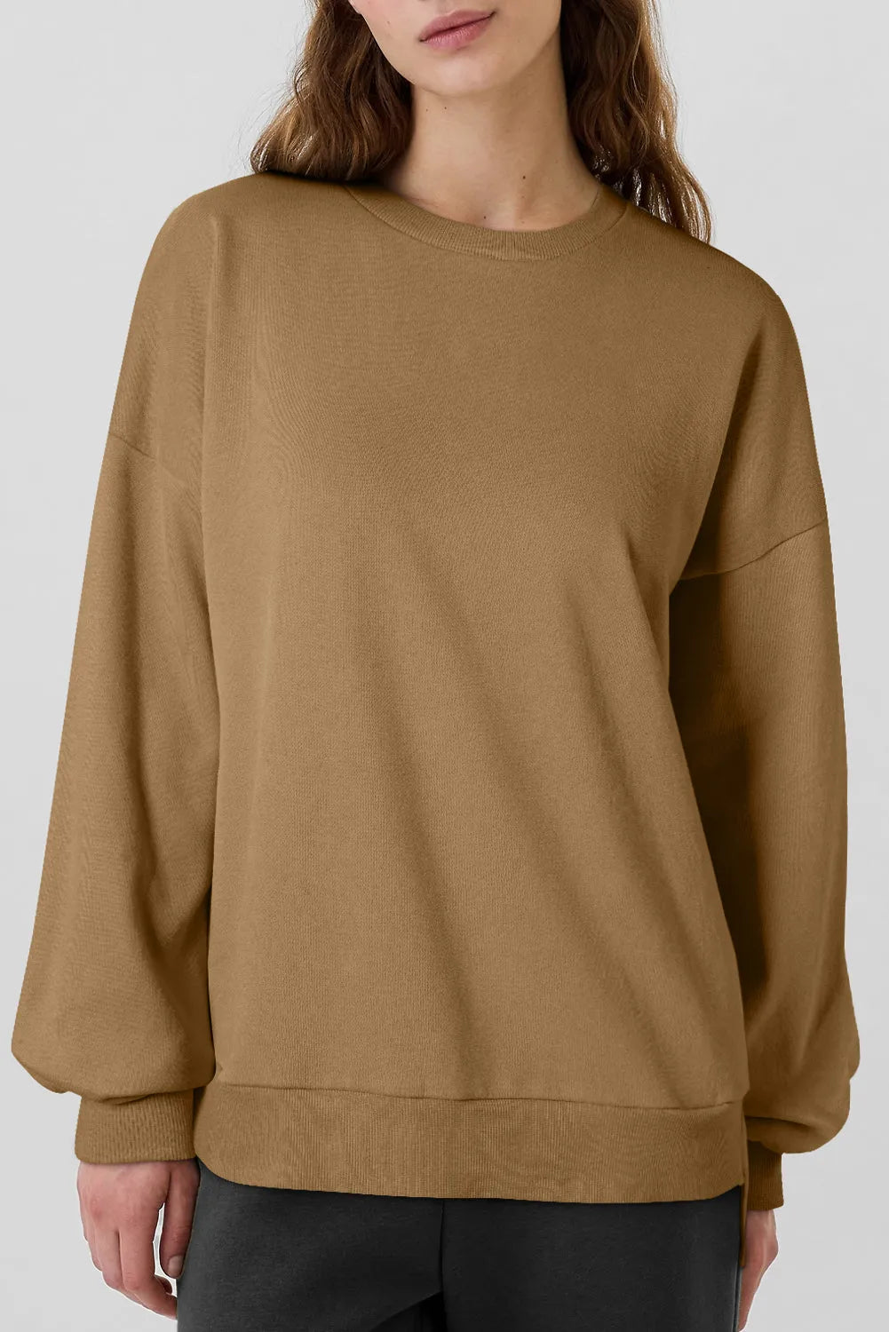 Camel Solid Fleece Lined Drop Shoulder High Low Sweatshirt - Chic Meadow Boutique 