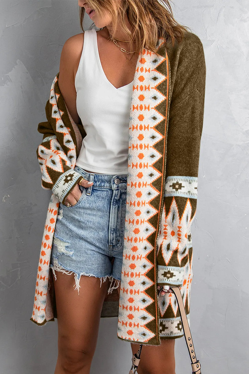 Brown Aztec Print Open Front Knitted Cardigan - Chic Meadow Boutique 