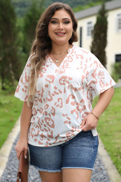 White Plus Size Leopard Print V Neck Short Sleeve Top - Chic Meadow Boutique 