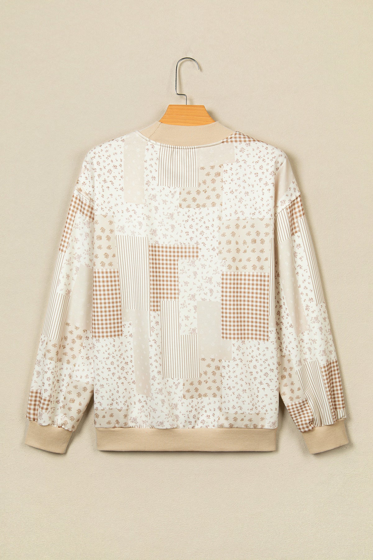 Khaki Patchwork Floral Print Mock Neck Long Sleeve Sweatshirt