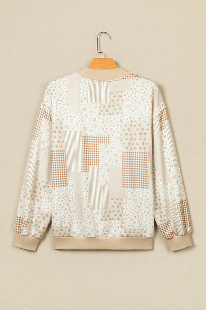 Khaki Patchwork Floral Print Mock Neck Long Sleeve Sweatshirt