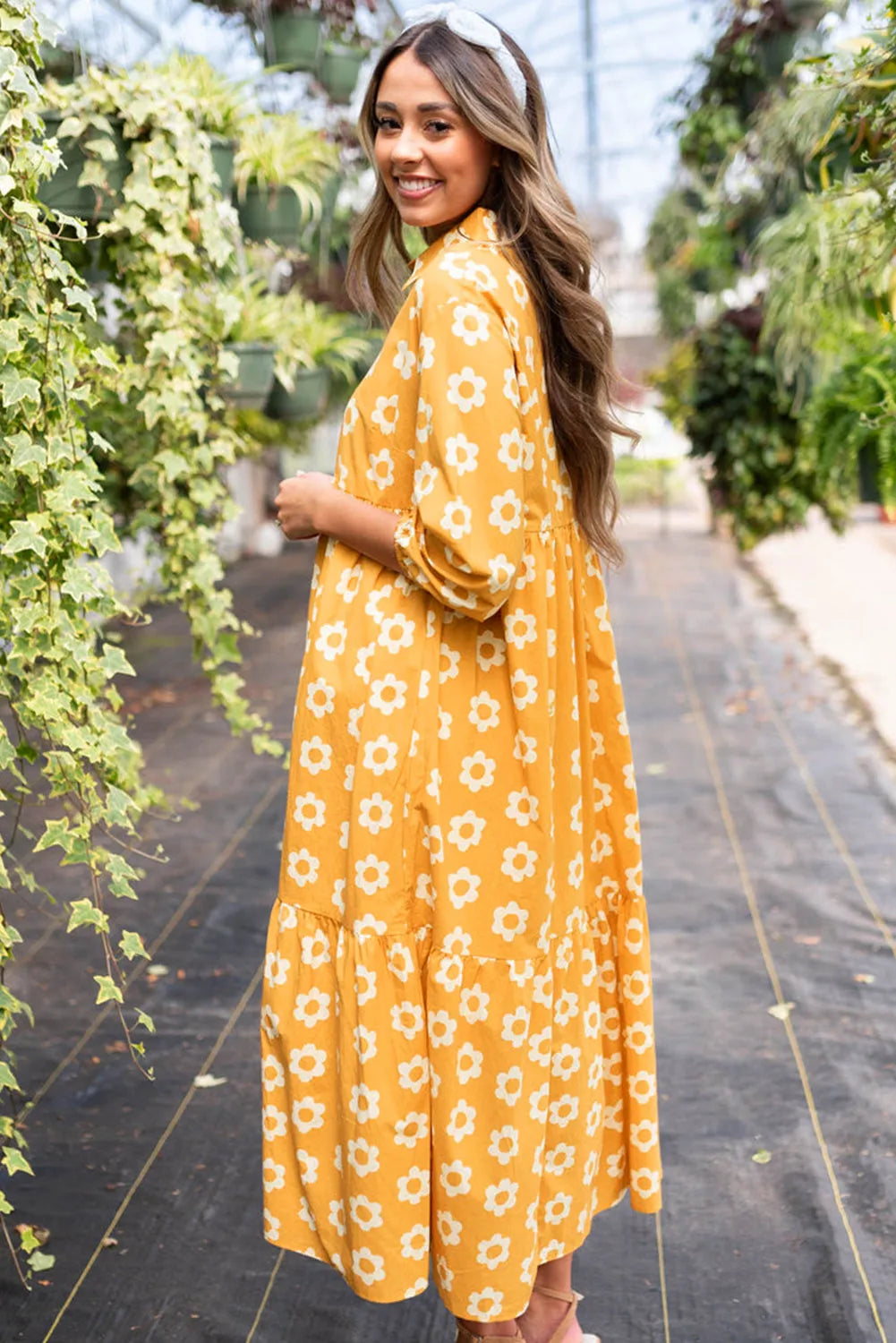 Yellow Flower Print Bracelet Sleeve Buttons Collared Maxi Dress - Chic Meadow Boutique 