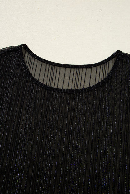 Black Plus Size Shimmer Textured Mesh Fitted Long Sleeve Top