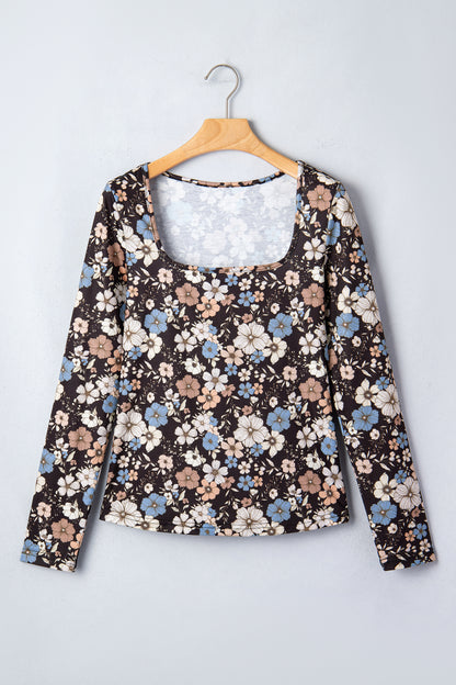 Black Floral Print Slim Long Sleeve T Shirt
