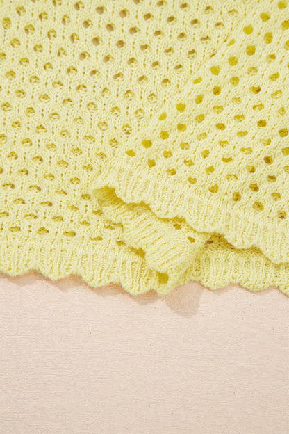 Yellow Cream Scalloped Trim Hollow Out Knit Long Sleeve Top
