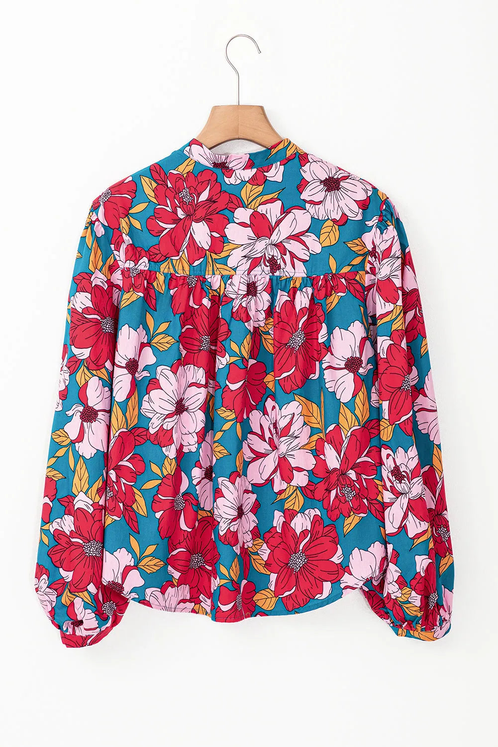 Red Floral Printed Balloon Sleeve Half Buttons Blouse - Chic Meadow Boutique 