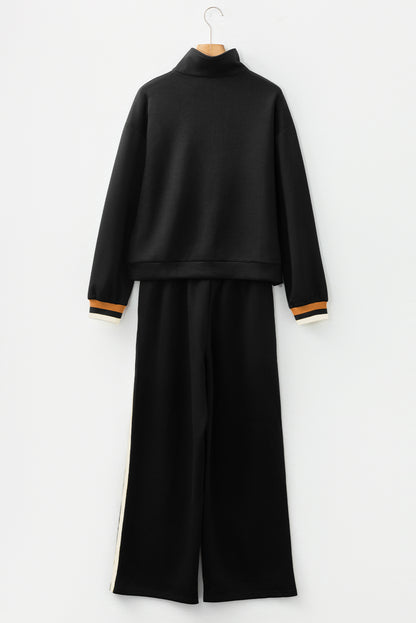 Black Striped Patchwork Quarter Zip Pullover Loose Pant Set
