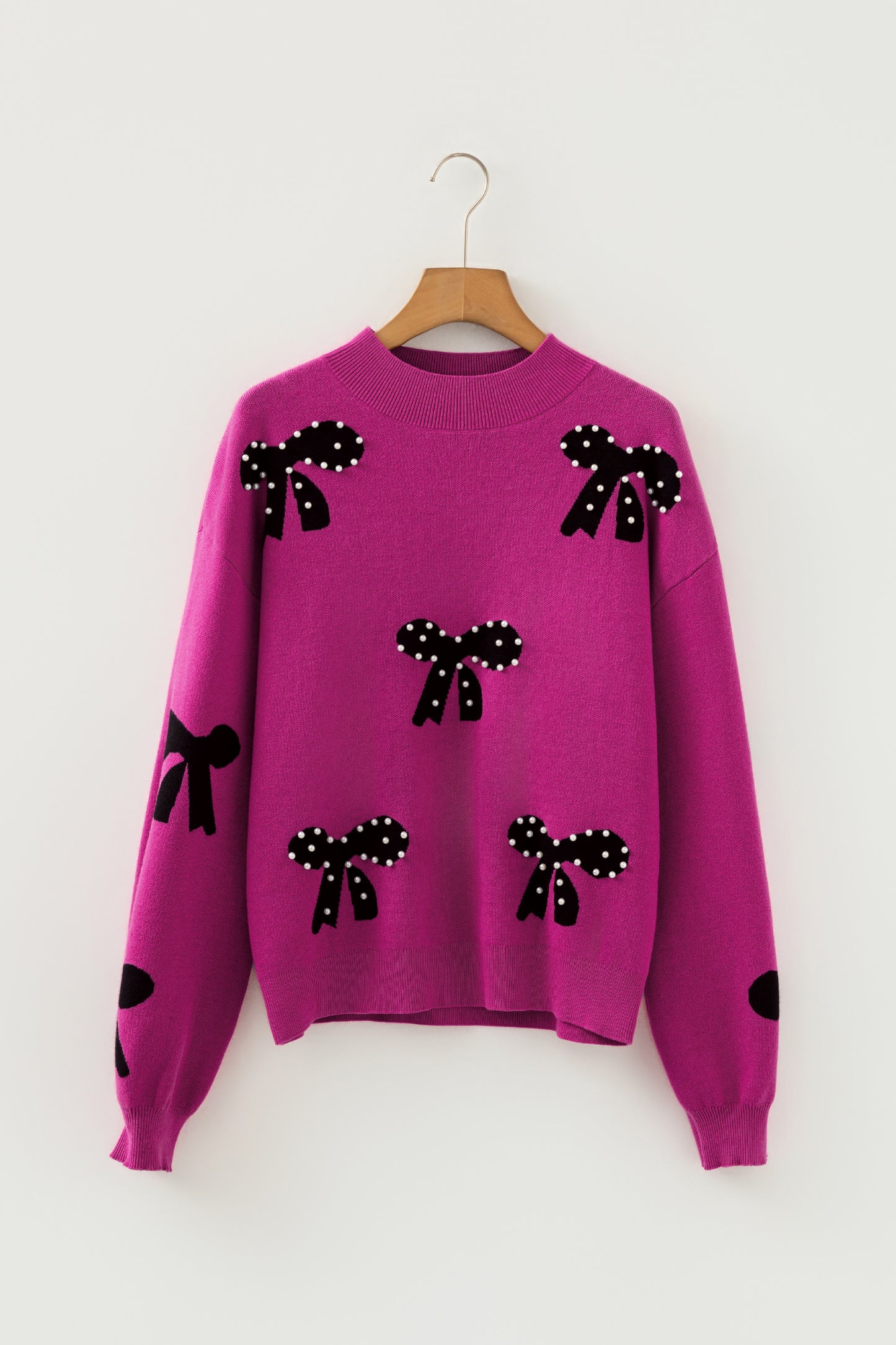 Bright Pink Pearl Embellished Bow Pattern Loose Sweater