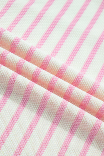 Pink Stripe Ruffled Short Sleeve Patchwork Blouse